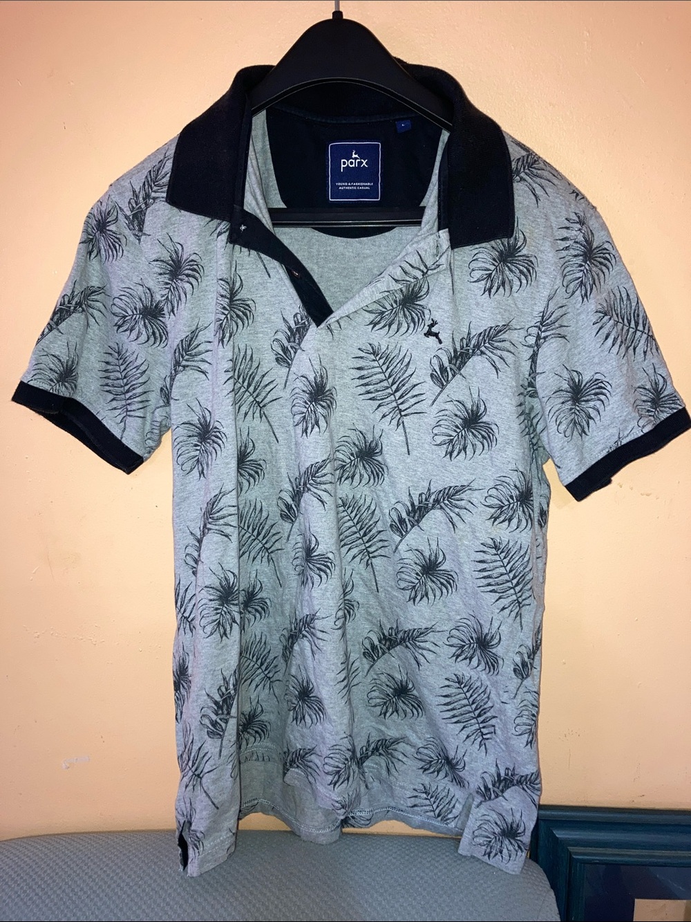 Men's Light Gray Palm-Print Polo with Black Contrast Collar